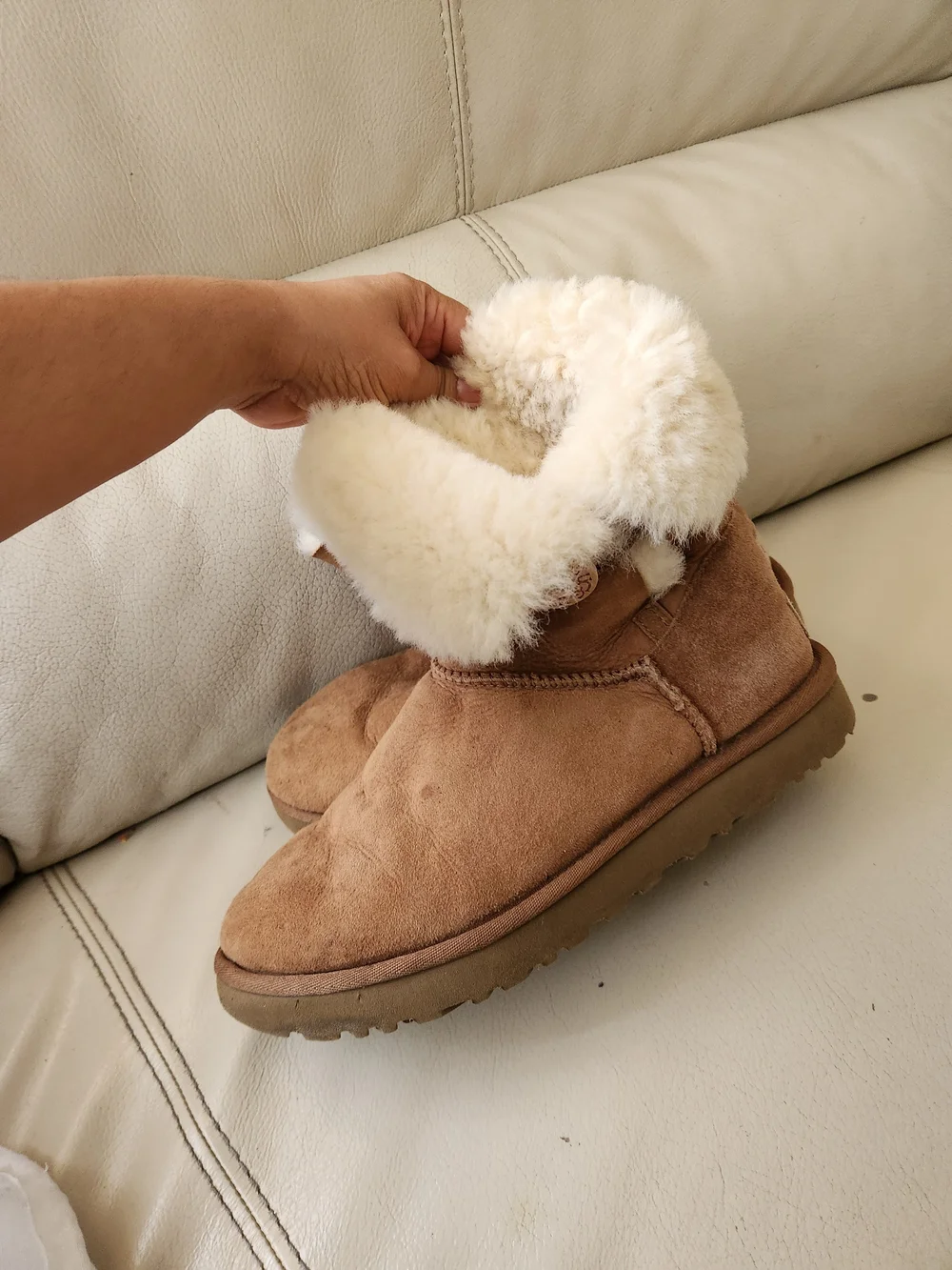 UGG Chestnut Suede Short Button Boots with Shearling Trim